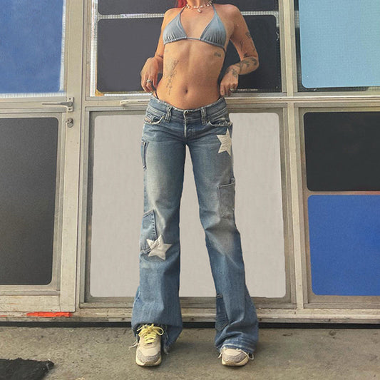 American Retro Star Print Asymmetric Jeans Women