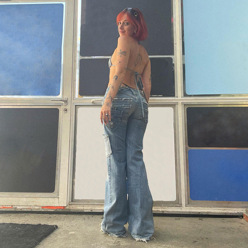 American Retro Star Print Asymmetric Jeans Women